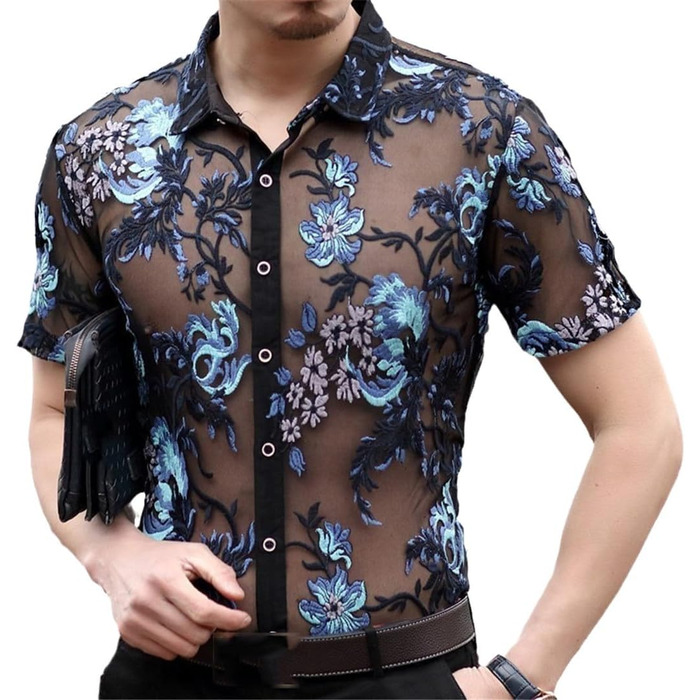 Прозора сорочка для чоловіків Yeuyyben з мереживом та вишивкою, для клубу та вечірок (EU XL, синій)