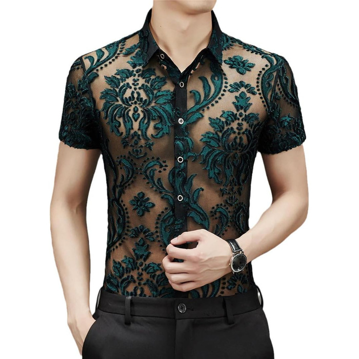 Прозора сорочка для чоловіків Yeuyyben: сексуальна сорочка з квітковим мереживом та сіткою, блакитна (XS, En8)