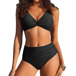 Бікіні Ecouaer для жінок: комплект з високою талією, корегуючий животик, push-up, чорний, S-XXL