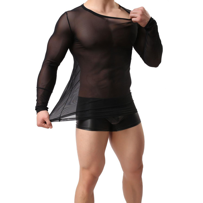 Чоловіча прозора чорна майка з довгим рукавом - нічна сорочка, сексуальна білизна, обтисла футболка з еластичних волокон, чорна майка-сітка L-XL