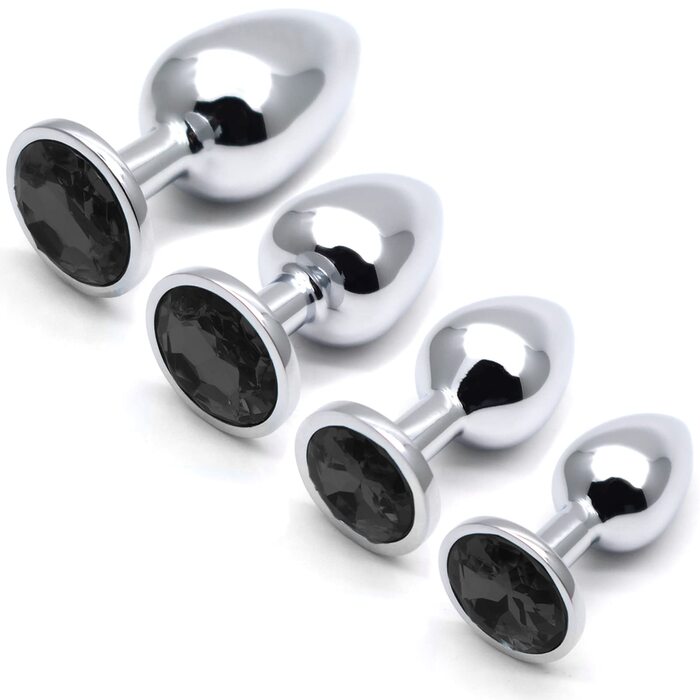 Набір анальних пробок (4 шт.) з металу, різних розмірів, для початківців, жінок, чоловіків, пар. Чорний колір.