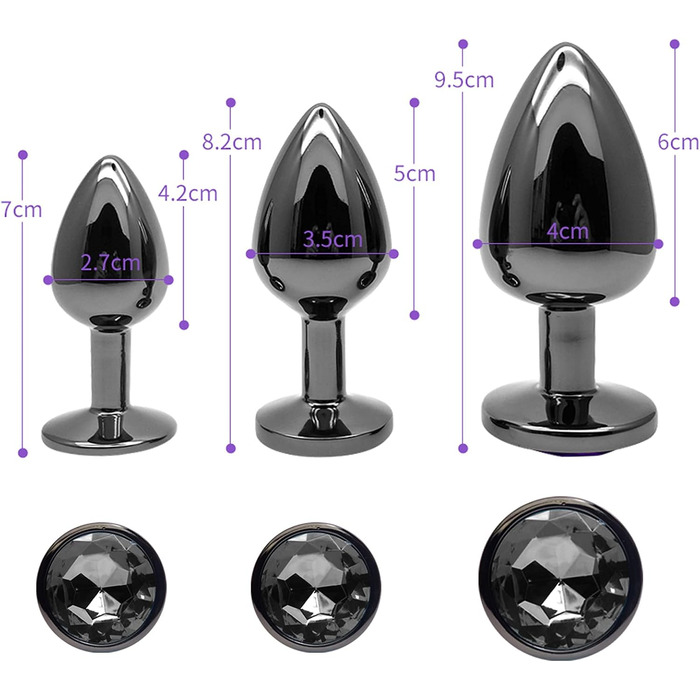 Набір анальних пробок 3 шт. з металу (Gunmetal) - велика, середня, мала. Підходить для початківців, жінок, чоловіків та пар. Чорний колір. Секс-іграшка.