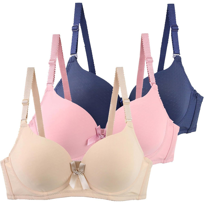 3 штуки бюстгальтерів без кісточок для жінок Push Up, великі груди, комплект класичних бюстгальтерів з регульованими бретелями, зручний, дихаючий бралетт, білизна для фітнесу та повсякденного використання (синій+рожевий+бежевий, 90C)