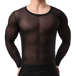 Чоловіча прозора чорна майка з довгим рукавом - нічна сорочка, сексуальна білизна, обтисла футболка з еластичних волокон, чорна майка-сітка L-XL
