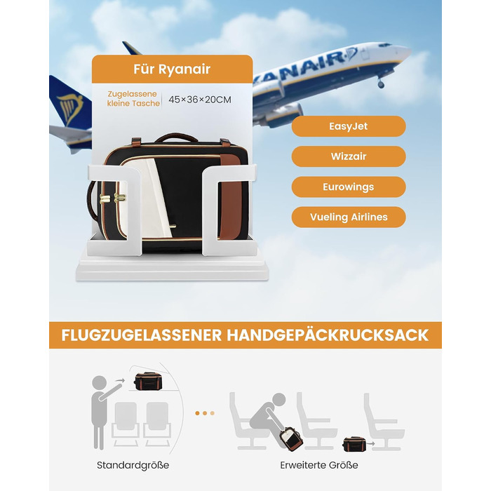 Дорожній рюкзак LOVEVOOK для ручної поклажі Ryanair, Wizz Air, Eurowings (40x30x20 см, 24Л) з антикрадіжкою, унісекс, чорний/бежевий/коричневий