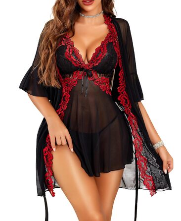 Халат жіночий мереживний RSLOVE, бандаж, babydoll, нічна сукня, чорний, винний