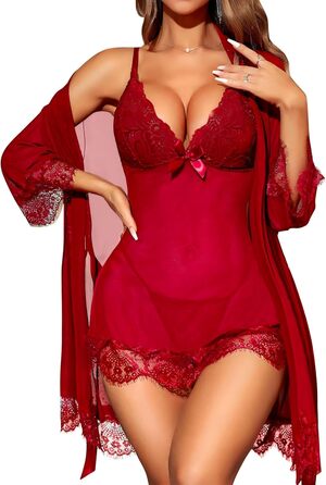 LILIIN Комплект жіночої нічної сукні та халата з мережива, сексуальний бабідол – чорний, червоний