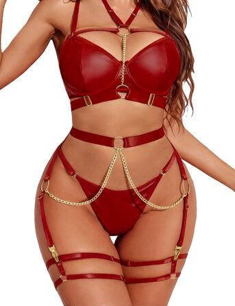 Сексуальний комплект нижньої білизни з бретельками для жінок, 7 частин: бюстгальтер з кісточками, трусики, панчохи, гетри, нагольник, ласий ланцюжок, червоний колір