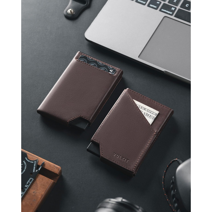 Чоловічий гаманець-картхолдер VULKIT з RFID-захистом та Pop-up механізмом, металевий кейс для карток та відділення для купюр і монет (натуральна шкіра, Espresso)