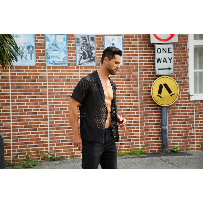 Чоловіча мереживна сорочка ABEHIK, чорна, з короткими рукавами, для вечірок та клубів