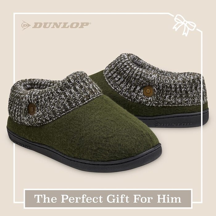 Чоловічі домашні капці DUNLOP з підкладкою з шерпа-флісу та піною з ефектом пам'яті Memory Foam, протиковзкі, колір хакі, розмір 43 EU