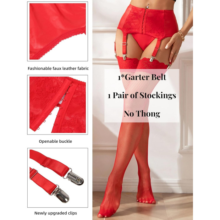 Сет стрінговий корсет з шкіри Ohdear, великі розміри, червоний (з панчохами)