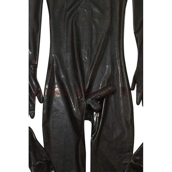 Чоловічий латексний костюм з блискучою обробкою та блискавкою, чорний, XXL