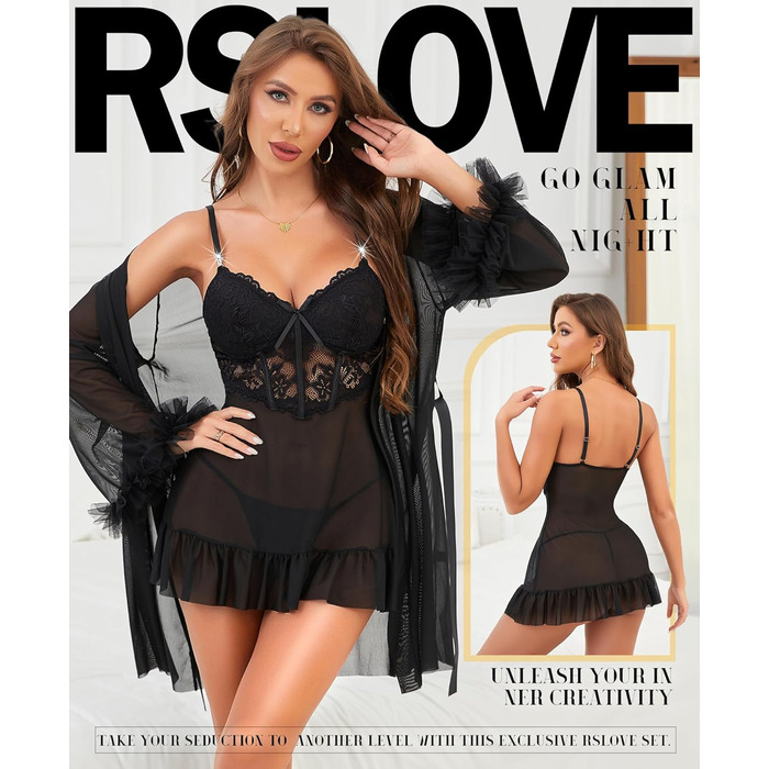 RSLOVE Комплект сексуальної білизни для жінок - мереживний комплект ніжної піжами, халат, 2-частинний неглиже, нічна сорочка, чорний M