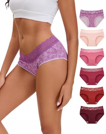 Слідки жіночі INNERSY бавовна з мереживом, комфортні, трусики-хіпстер, набір 6 шт. (46, 1 фіолетовий з квітковим принтом/5 червоних та рожевих серій)