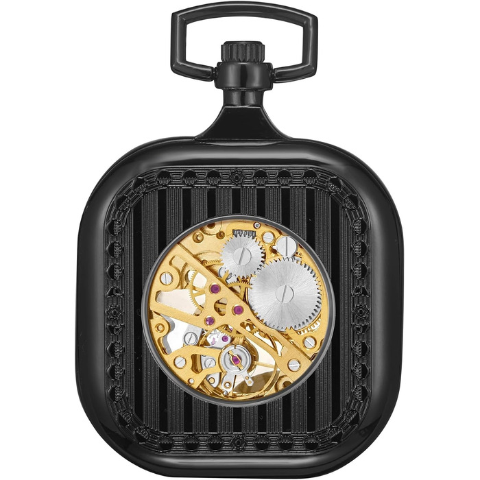 Механічний кишеньковий годинник ShoppeWatch з ланцюжком для чоловіків, ручний завод, прозорий циферблат у стилі стімпанк, чорний