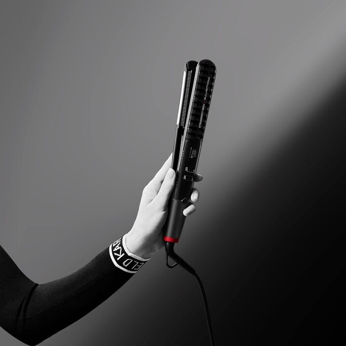 Випрямляч для волосся Rowenta x Karl Lagerfeld SF467L K/Pro Stylist з кератиновим покриттям Glow, іонною функцією та вбудованим гребенем, 140-210°C, чорно-червоний