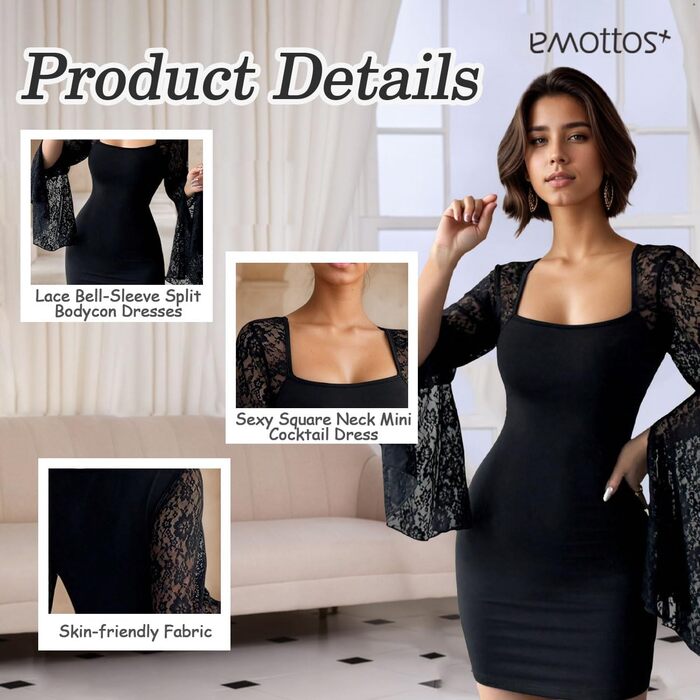 Чорна міні-сукня з сітки з квадратним вирізом, елегантна сукня-кокетка з рукавами-дзвонами та розрізом, мереживна сукня для вечірнього виходу, клубу або коктейльної вечірки, S-L, M