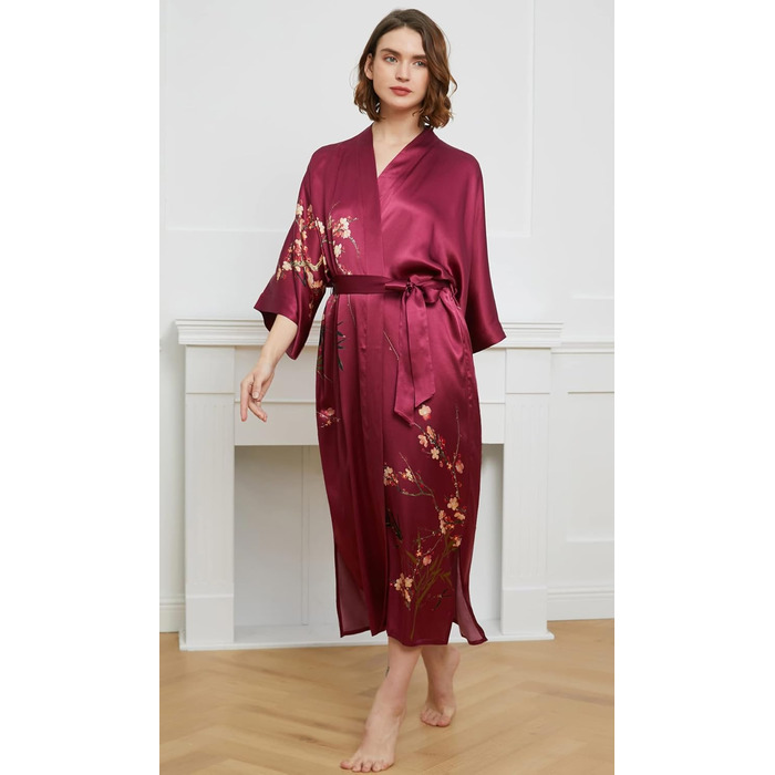 Шовковий халат-кімоно Ledamon для жінок, довгий, 100% шовк, класичний квітковий халат, нічна сорочка, універсальний розмір, бордовий