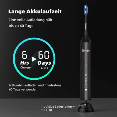 Електрична сонічна зубна щітка Lächen, 5 режимів роботи, чорна, з дорожнім футляром та 4 насадками, USB-зарядка, таймер, водонепроникність IPX7