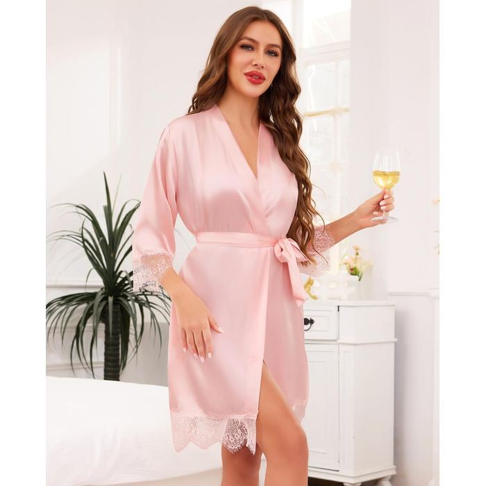 Халат жіночий Lovasy Satin з короткими рукавами, стиль кімоно, мереживо, рожевий для вечірки, весілля, піжами