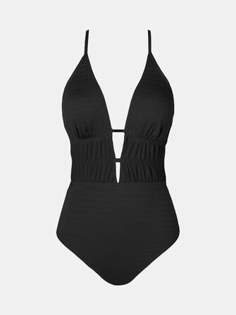 Чоловічий купальник CUPSHE з глибоким V-подібним вирізом, на зав'язках, з текстурою, одноцільний, чорний