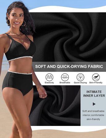 Бікіні жіночий комплект з V-подібним вирізом, двочастинний, з пуш-ап, висока талія, купальник сексуальний з білою мереживом, чорний, розмір S