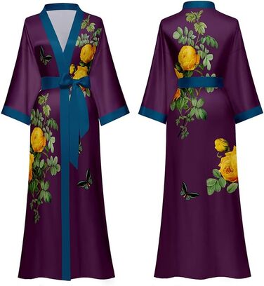 Халат жіночий атласний максі довгий, шовковий кімоно, халат для ванної кімнати, літня роба, піжама, вечірній халат, квітковий принт, темно-фіолетовий (один розмір)
