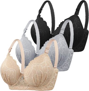 3 шт. бюстгальтерів CXCX для жінок з пуш-ап, кісточками, мереживом, регульованими бретелями, підтримка великої груди, класичний комплект бюстгальтерів, зручна білизна (бежевий+сірий+чорний), 95D