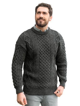 Свитер Aran Crafts з ірландської чистої шерсті з плетеним візерунком (коси), круглий виріз, XL, колір антрацит