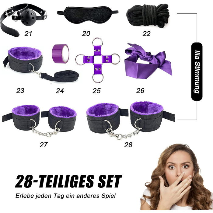 Набір для БДСМ: кайдани, наручники, анальний плагін, кліпси для сосків, плетіння, маска для очей, 28 шт. (фіолетовий)