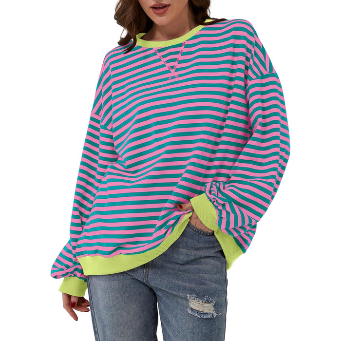 Жіночий світшот Chicrise Oversized у смужку, в'язаний лонгслів з круглим вирізом, рожево-зелений, розмір M