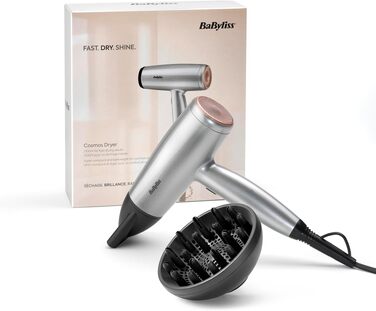 Фен для волосся BaByliss Cosmos D580DE з дифузором, 2100 Вт, іонізація, 3 температурних та 2 режими обдуву, сріблястий (Satined Cosmic Grey)