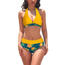 Жіночий купальник бікіні Damen Triangel Yellow Lemon з квітковим малюнком та шнурівкою
