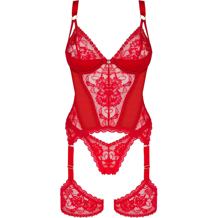Сексуальний жіночий комплект білизни Selente Love & Fun: корсет, танга та шовкова маска для очей (S-M, червона мереживо, виготовлено в ЄС)