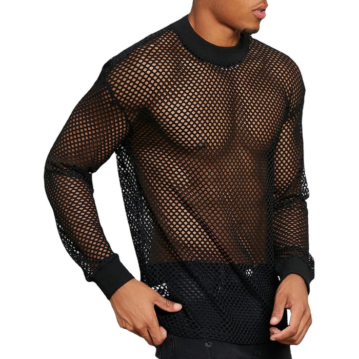 Чоловіча сітчаста сорочка/сітка, блискуче прозоре т-подібне мереживне сорочко з короткими рукавами, клубний стиль, літня мереживна кофта - XS-3XL, чорний S