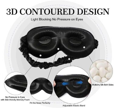 Шовкова 3D маска для сну ZIMASILK з натурального шовку тутовниці 22 мом, регульована маска для очей з ефектом нульового тиску для довгих вій та нарощених вій, чорна