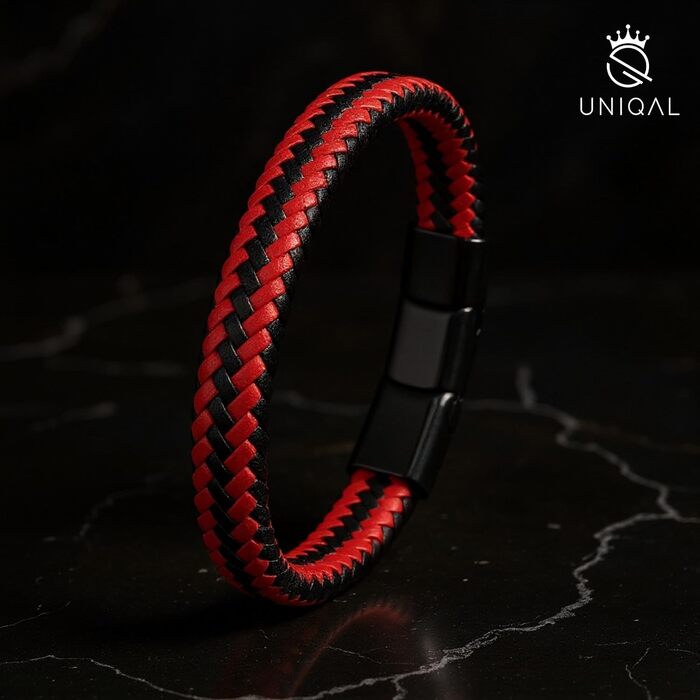 Чоловічий шкіряний браслет UNIQAL 'BRAID' з плетення та нержавіючої сталі, червоно-білий, 21 см, у подарунковій коробці