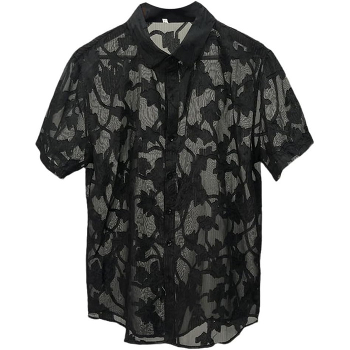 Прозора сорочка з короткими рукавами для чоловіків, чорна, квітковий принт, розмір EU L (Tag 2XL), 85 кг