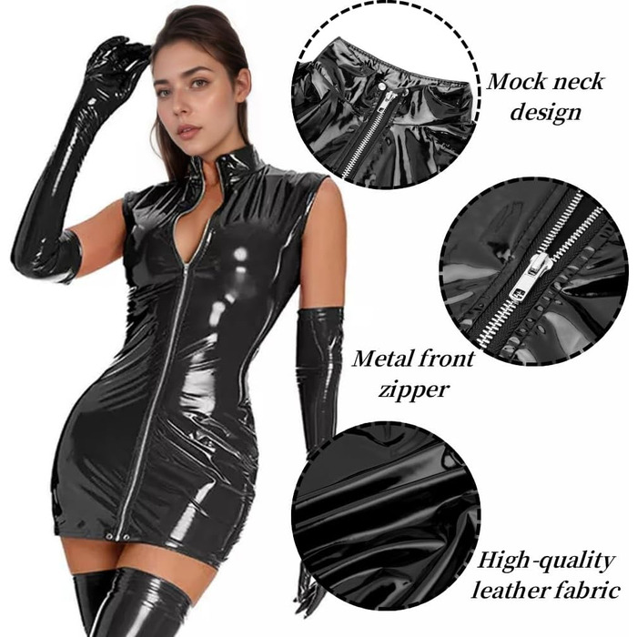 Чорне латексне міні-плаття з блискавкою - сексуальна сукня bodycon для вечірок та танців