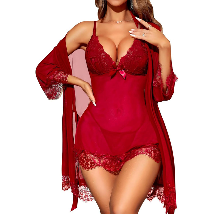 LILIIN Комплект жіночої нічної сукні та халата з мережива, сексуальний бабідол – чорний, червоний