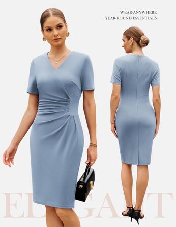 Сукня коктейльна Grace Karin з коротким рукавом, V-подібний виріз, блакитна, приталена з драпіруванням та розрізом, розмір L