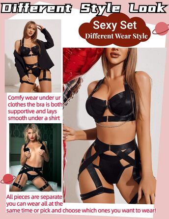 Avidlove Комплект сексуальної білизни для жінок: бюстгальтер з пуш-ап, трусики, бретельки, сліп, чорний