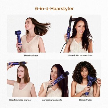 Мультистайлер для волосся 6 в 1 UKLISS Air Styler Set з дифузором, LCD-дисплеєм та насадами для завивки, сушіння та вирівнювання, 1000 Вт, Gold Blue