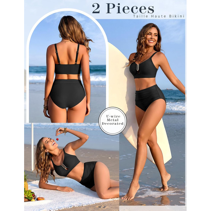 Бікіні жіночий комплект з пуш-ап, висока талія, слікучий ефект, двочастинний, сексуальний металевий U-подібний виріз з зав'язками, купальник, літня мода для жінок, чорний, розмір M