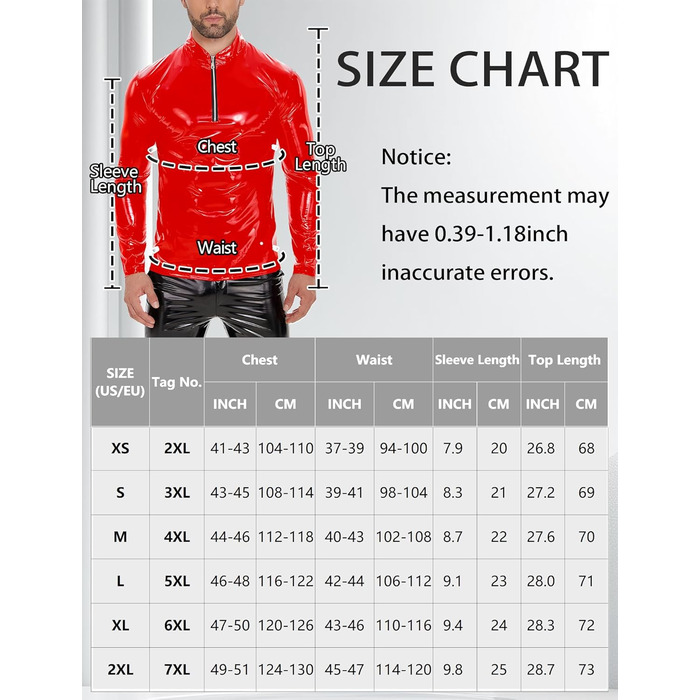 Латексна куртка для чоловіків Ausing з штучної шкіри, сексуальний ефект мокрого вигляду, облягаючий крій, з блискавкою, для танців, вечірок, карнавалу (червоний, XS)