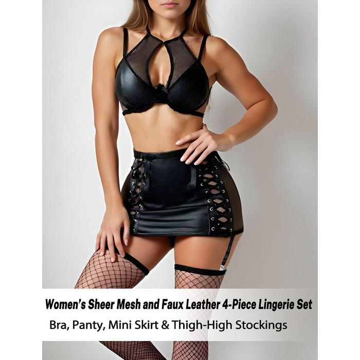 Еротичний комплект білизни AIEOE для жінок: мініспідниця з екошкіри, мереживний бюстгальтер, підв'язки та чокер, чорний, розмір L