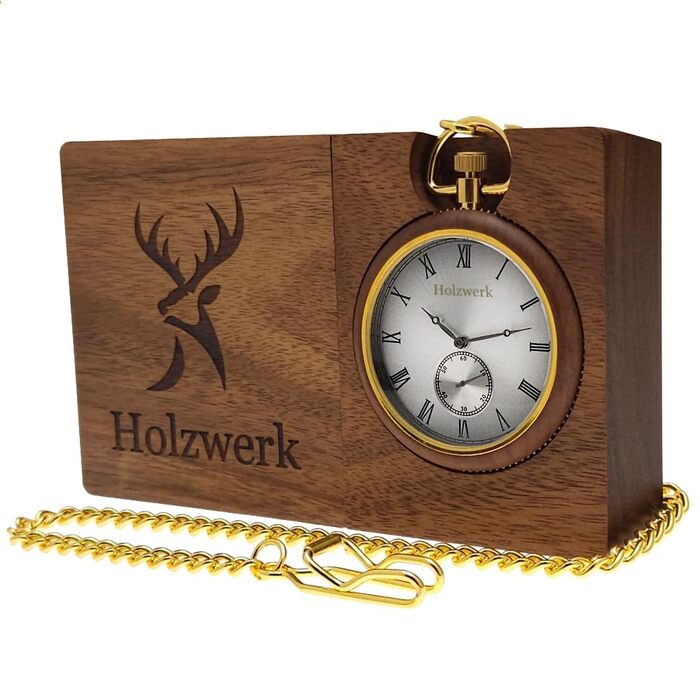Настінний та кишеньковий годинник 2 в 1 Holzwerk Germany з натурального дерева, еко-дизайн, римські цифри, колір коричневий/золотий