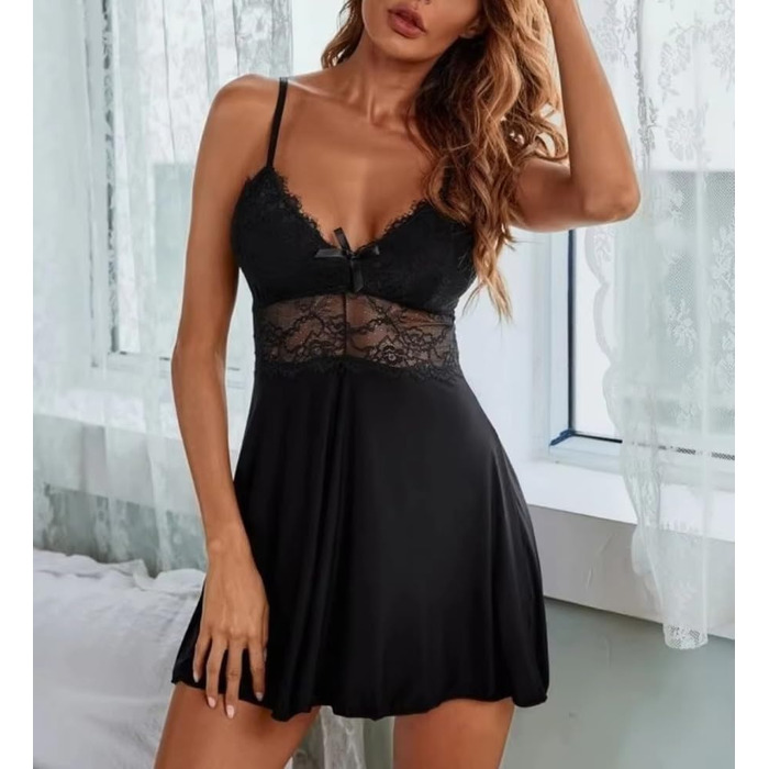 Жіноча нічна сорочка-комбінезон KNDSSMY з мереживом, чорна, S