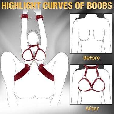 Набір для БДСМ-пов'язання: шкіряне спорядження з наручниками та манжетами для стегон, іграшка для пар, червоний колір